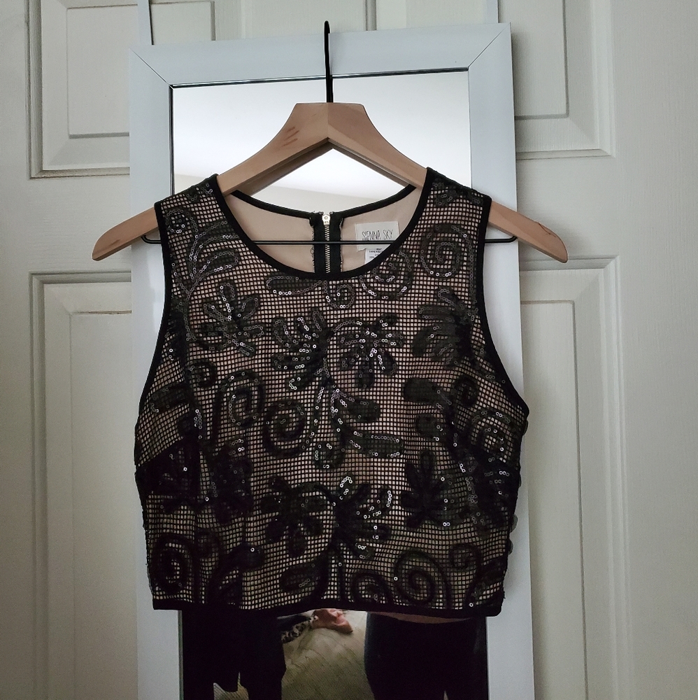 Black/nude floral mesh illusion crop top